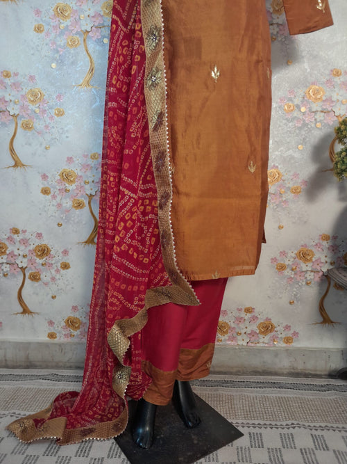 Golden Brown Soft Silk Aari Work Suit With Bandhej Dupatta