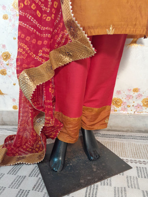 Golden Brown Soft Silk Aari Work Suit With Bandhej Dupatta
