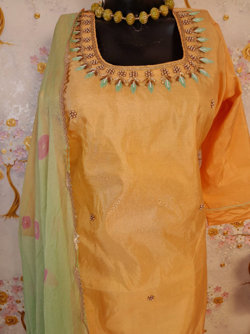 Golden Yellow Soft Silk Aari Work Suit With Chiffon Bandhej Dupatta