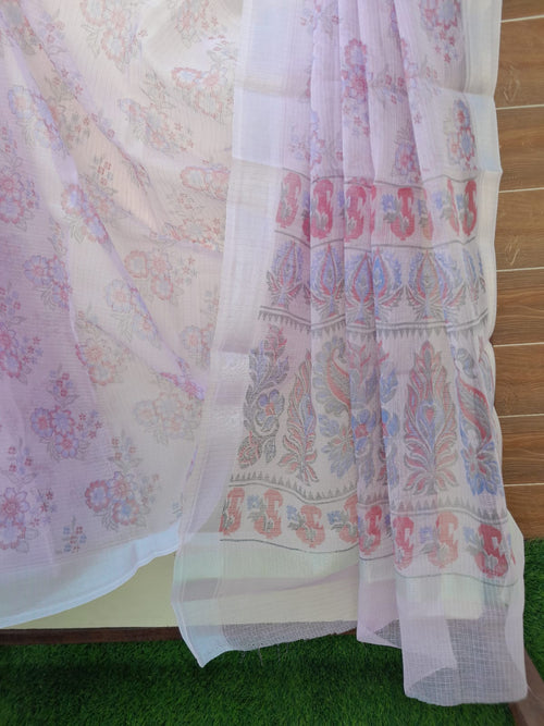 Lavender Color Kota Doria Block Print Saree With Zari Border