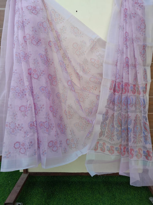 Lavender Color Kota Doria Block Print Saree With Zari Border
