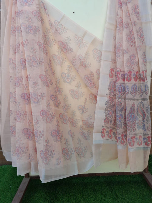 Peach Color Kota Doria Block Print Saree With Zari Border
