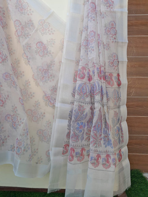 Pista Green Color Kota Doria Hand Block print With Zari Border Saree