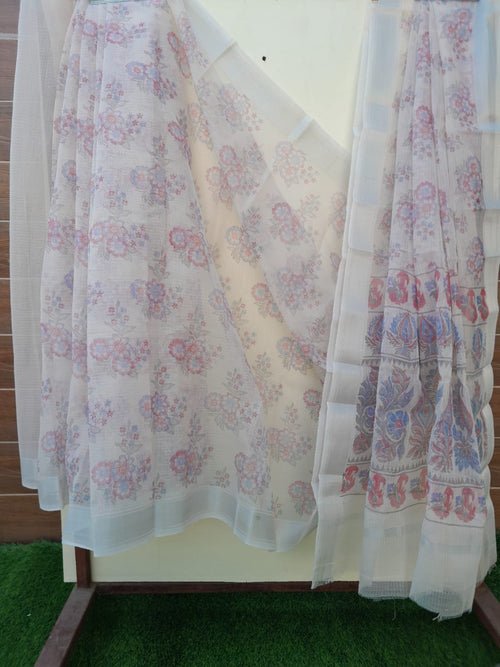 Pista Green Color Kota Doria Hand Block print With Zari Border Saree