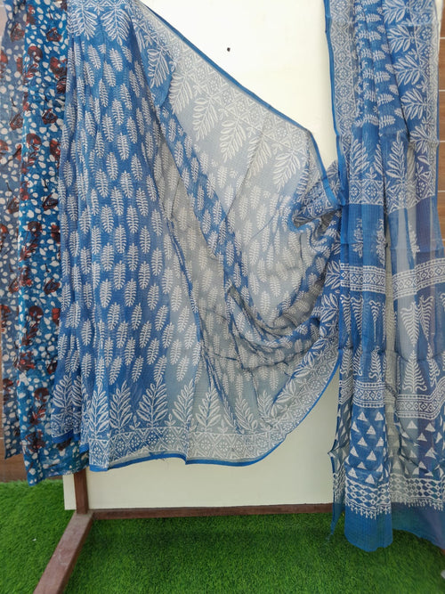 Pastel Blue Color Kota Doriya Hand Block Print Saree