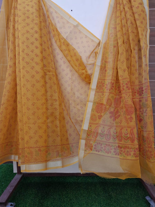 Mango Yellow Color Kota Block print With Zari Border Saree