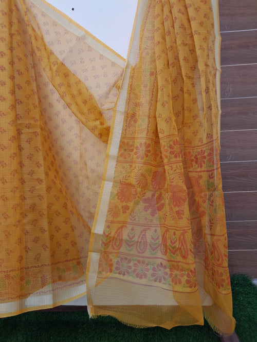Mango Yellow Color Kota Block print With Zari Border Saree