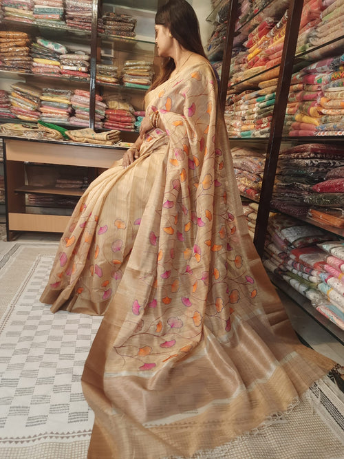 Designer Khadi Handloom Silk Beige Color Embroidery Saree