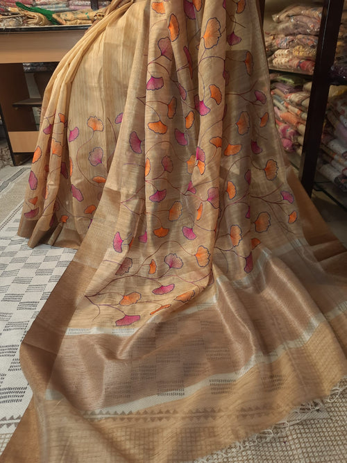 Designer Khadi Handloom Silk Beige Color Embroidery Saree