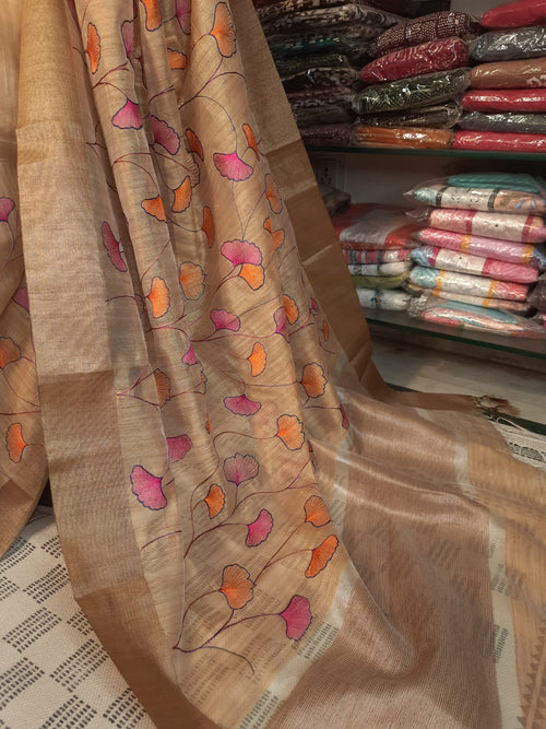 Designer Khadi Handloom Silk Beige Color Embroidery Saree