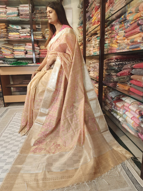 Designer Pink Color Embroidery Khadi Handloom Silk saree