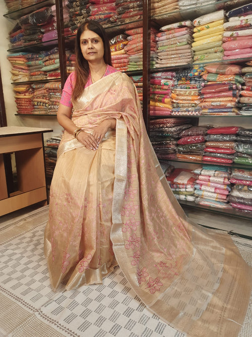 Designer Pink Color Embroidery Khadi Handloom Silk saree