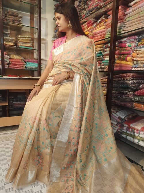 Designer Soft Khadi Handloom Silk Embroidery Saree