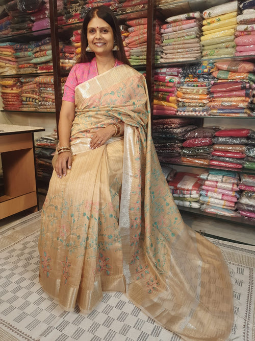 Designer Soft Khadi Handloom Silk Embroidery Saree