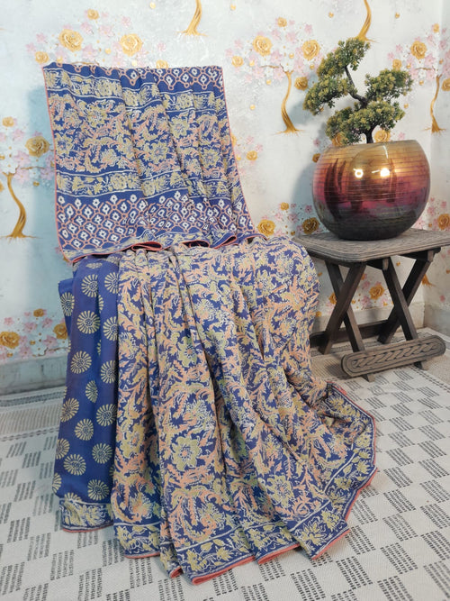 Soft Handloom Silk Block Print Pastel Color Color Saree