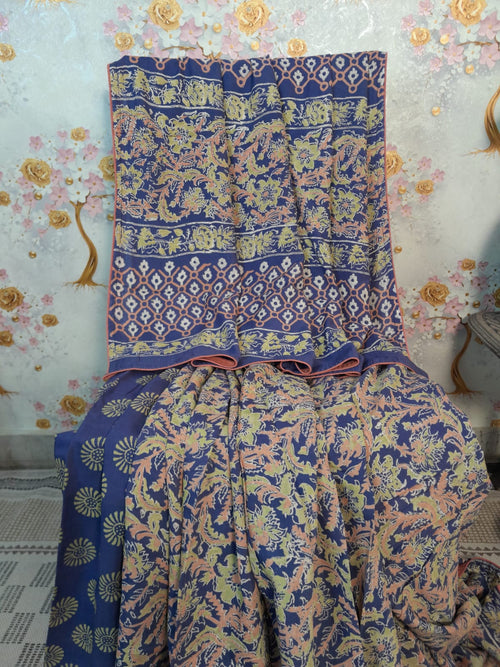 Soft Handloom Silk Block Print Pastel Color Color Saree