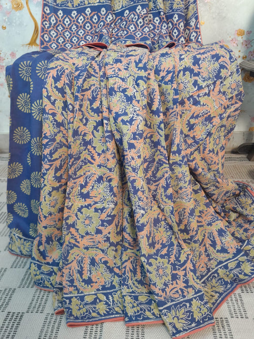 Soft Handloom Silk Block Print Pastel Color Color Saree