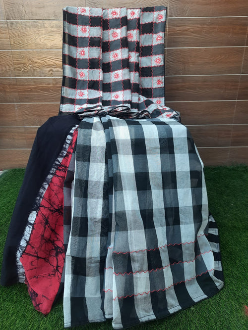 Soft handloom silk check pattern embroidery saree