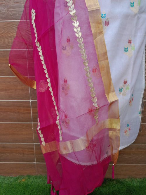 Banarsi Silk Meenakari Buta Peral white Suit