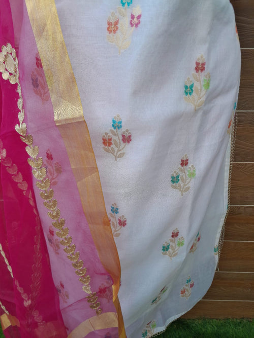 Banarsi Silk Meenakari Buta Peral white Suit
