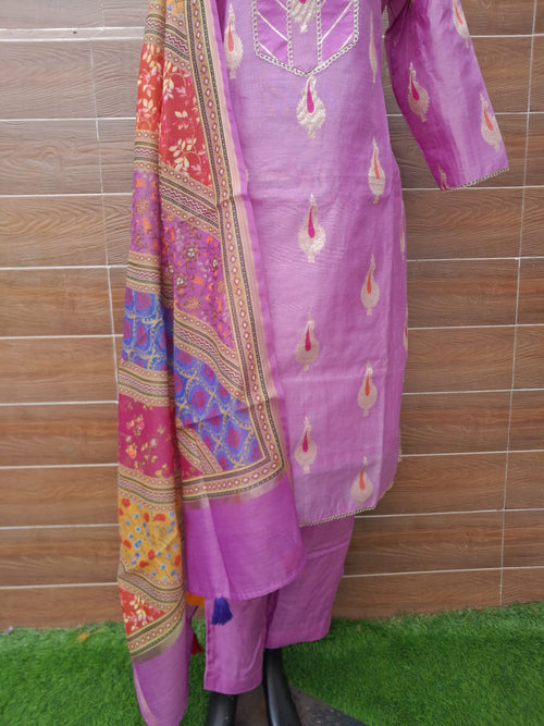 Lavender Color Banarsi Silk Meenakari Buta Stitiched Suit