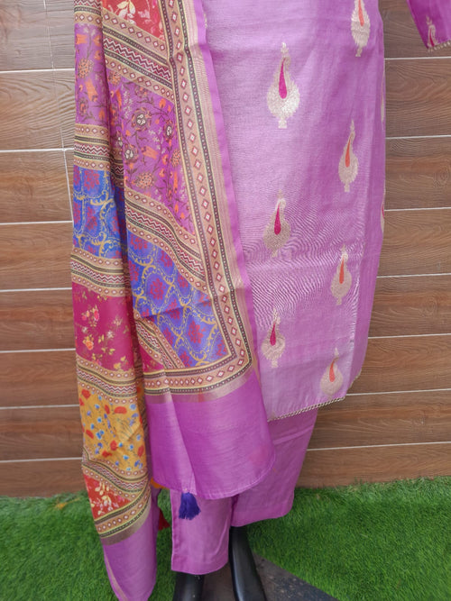 Lavender Color Banarsi Silk Meenakari Buta Stitiched Suit