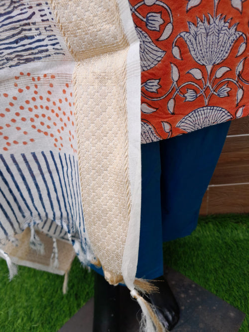 Rust Color Maheshwari Silk Stitched Block Print Suit