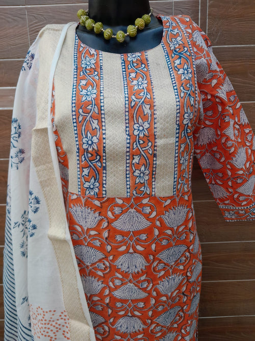 Rust Color Maheshwari Silk Stitched Block Print Suit