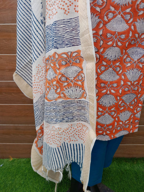 Rust Color Maheshwari Silk Stitched Block Print Suit