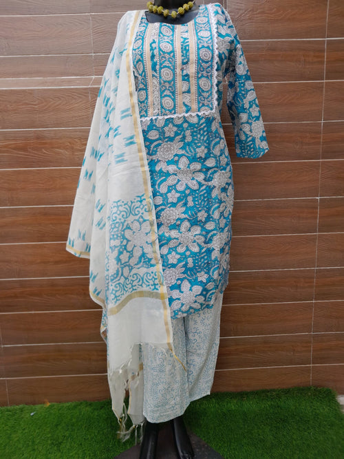 Ocean Blue Color Chanderi Silk Block Print Suit