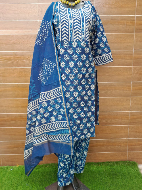 Indigo Blue Hand Block Print Chanderi Silk Suit