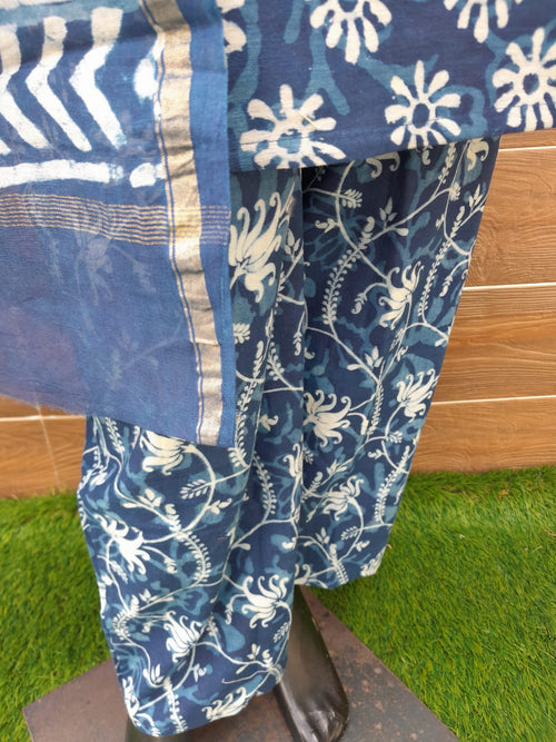 Indigo Blue Hand Block Print Chanderi Silk Suit