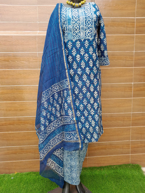 Indigo Blue Chanderi Silk Hand Block Print Suit