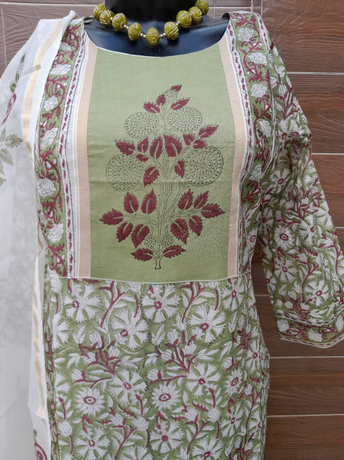Pista Green Color Chanderi Silk With Block Print Suit