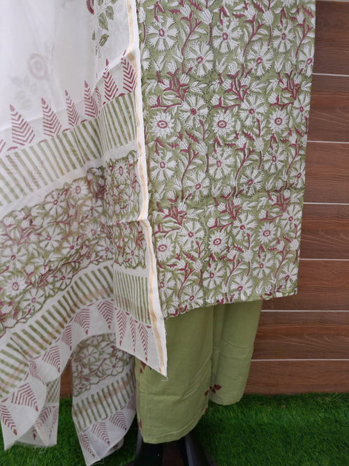 Pista Green Color Chanderi Silk With Block Print Suit