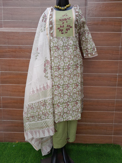 Pista Green Color Chanderi Silk With Block Print Suit