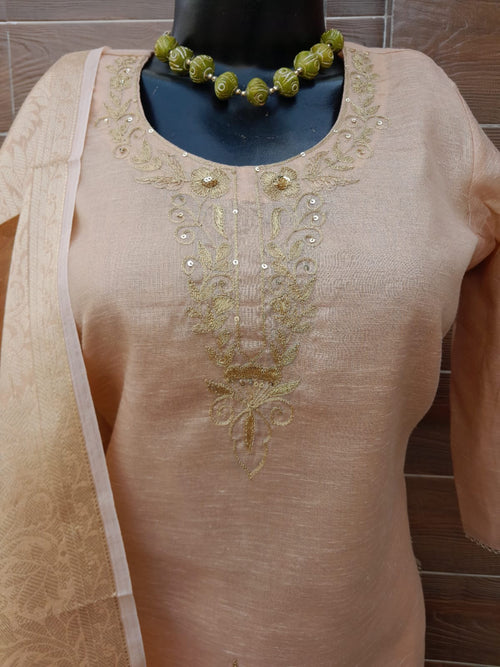 Peach Golden Aari Work Khadi Tissue Silk Suit
