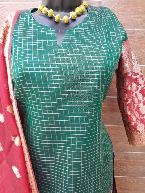 Soft Organza Silk Bottle Green Color stitched Suit