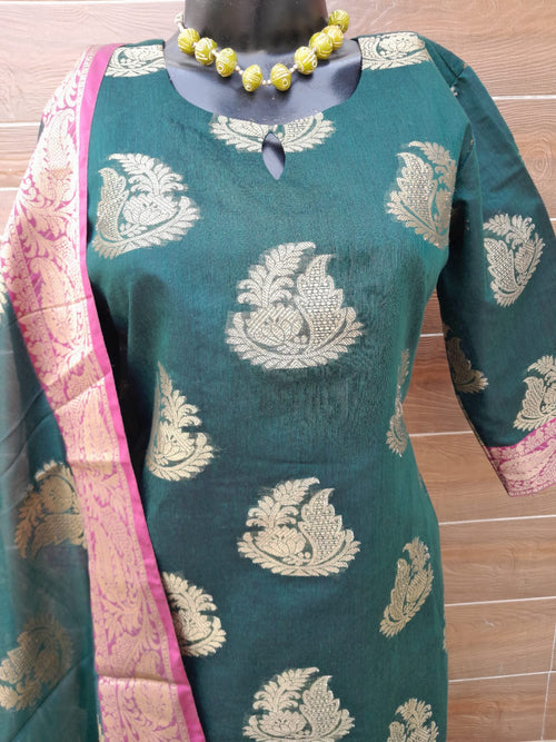 Bottle Green Color Banarsi Silk Suit