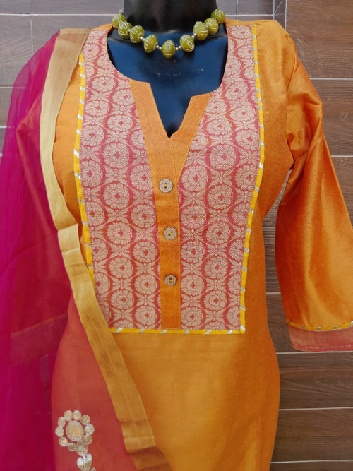 Mustard Yellow Color Handloom Silk With Gotta Patti work Dupatta