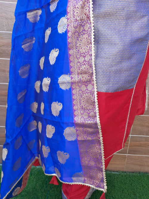 Red Color Handloom Silk with Royal Blue Color Banarsi Dupatta