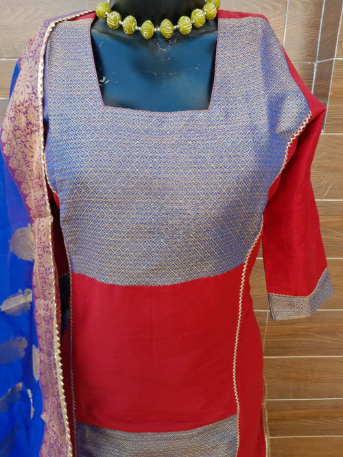 Red Color Handloom Silk with Royal Blue Color Banarsi Dupatta