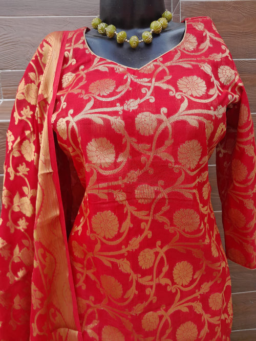 Red Banarsi Silk with Khadi Georgette Dupatta suit
