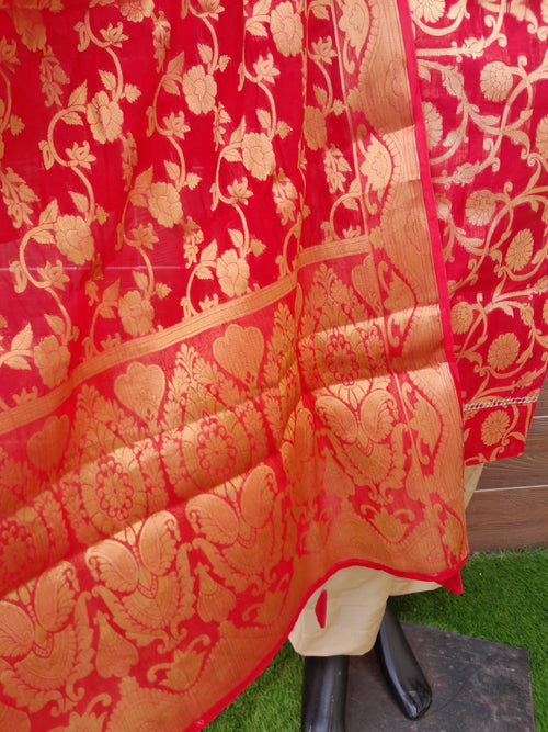 Red Banarsi Silk with Khadi Georgette Dupatta suit