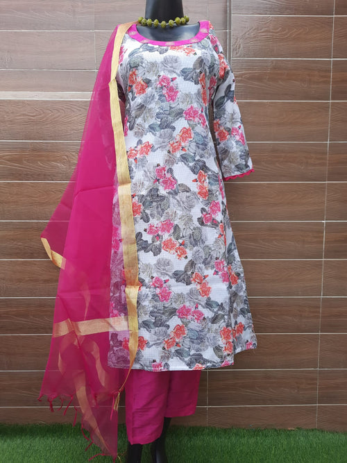 Kota Doria Digital Print Suit With kota Doria Dupatta - Aaditri fab