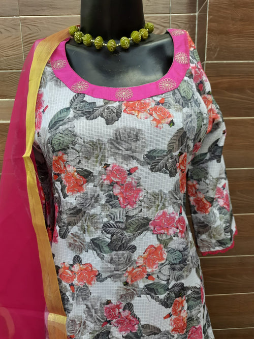 Kota Doria Digital Print Suit With kota Doria Dupatta - Aaditri fab