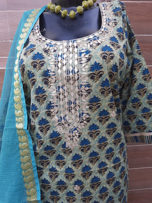 Ajrakh print Pastel color cotton suit with gotta aptti work