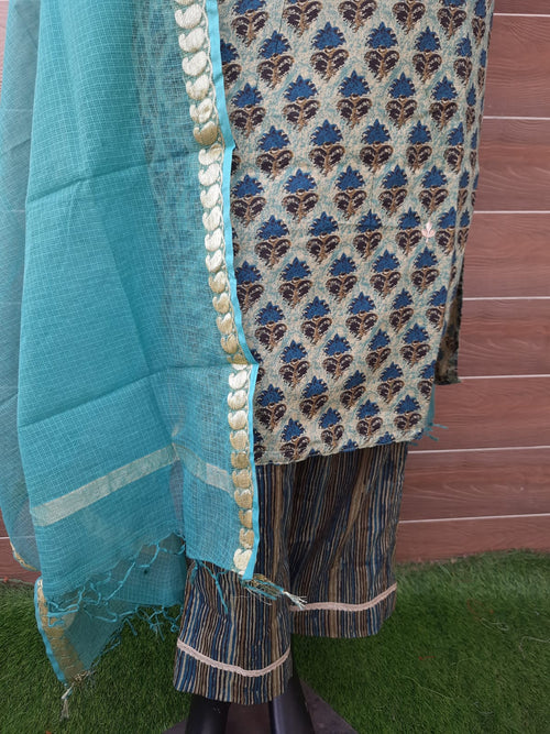 Ajrakh print Pastel color cotton suit with gotta aptti work