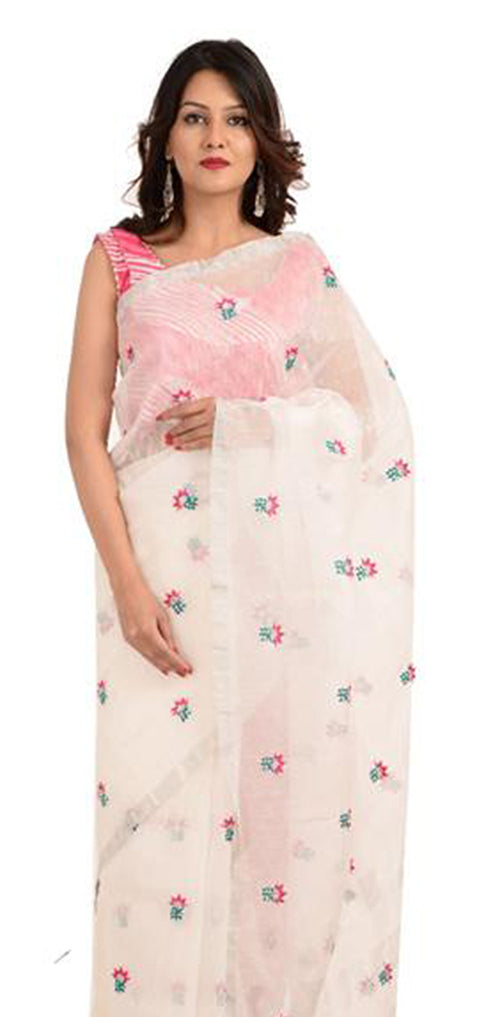 Linen White Saree With Embroidery Work