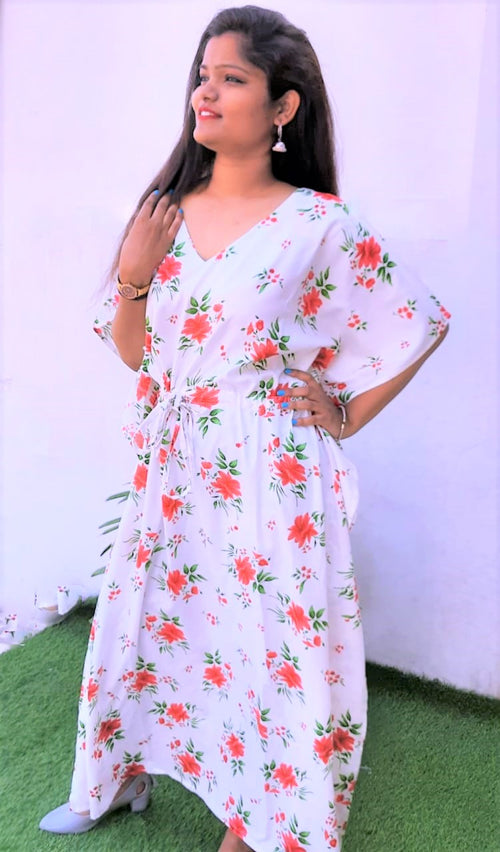 White Long Kaftan Rayon Soft Cotton Stitched Dress